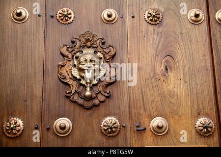 Porte en bois cloutée poli fraîchement avec heurtoir or Banque D'Images