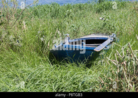 Vieux bateau à rames en bois abandonnés abandonnés coulé en roseaux d'herbe sur la berge sud du fleuve Banque D'Images