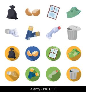 L'ampoule cassée, des piles usagées, brisant une bouteille en plastique, poubelles avec un signe.Les ordures et déchets collecte ensemble des icônes dans le style cartoon,télévision vec Illustration de Vecteur
