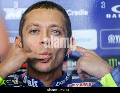 Hohenstein-Ernstthal, Allemagne. Le 13 juillet, 2018. Grand Prix automobile d'Allemagne, d'abord ouvrir la formation sur l'anneau de Saxe. Rider Valentino Rossi (Italie, de l'équipe Yamaha) assis dans la boîte. Crédit : Jan Woitas/dpa-Zentralbild/dpa/Alamy Live News Banque D'Images