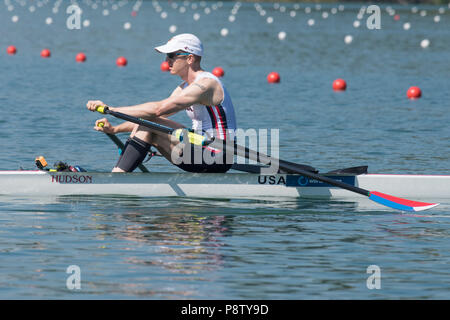 Lucerne, Suisse, 13 juillet 2018, Vendredi, USA LM1X. Alex TWIST, départ de la Coupe du Monde de la FISA, série, n°3, Lac Rotsee, © Peter SPURRIER/Alamy Live News Banque D'Images