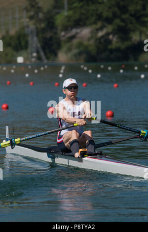 Lucerne, Suisse, 13 juillet 2018, Vendredi USA LM1X. Alex TWIST, départ de la Coupe du Monde de la FISA, série, n°3, Lac Rotsee, © Peter SPURRIER/Alamy Live News Banque D'Images