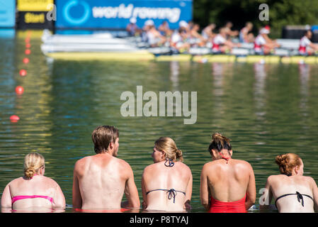 Lucerne, Suisse, 13 juillet 2018, Vendredi, les nageurs, regardez le début de la chaleur lors de la Coupe du Monde de la FISA, série n°3, Lac Rotsee, © Peter SPURRIER/Alamy Live News Banque D'Images