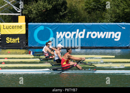 Lucerne, Suisse, 13 juillet 2018, Vendredi, le RCS M1X, Liang Zhang, sur le début de la Coupe du Monde de la FISA, ponton, série n°3, Lac Rotsee, © Peter SPURRIER/Alamy Live News Banque D'Images