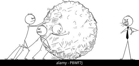 Caricature de l'équipe commerciale poussant grande pierre boule tout manager est de crier Illustration de Vecteur
