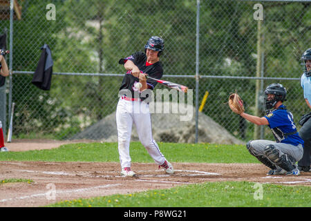 Le baseball, juste avant le contact avec bat, comme le joueur d'après-midi, les garçons junior de baseball jeu. Cranbrook, BC. Banque D'Images