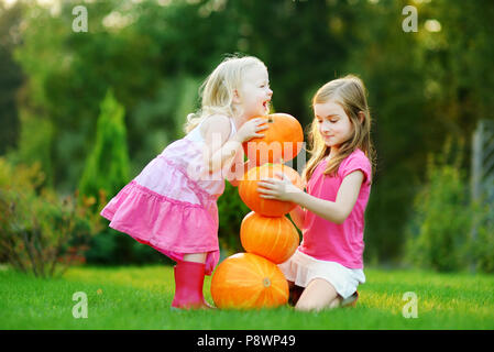 Deux petites soeurs jouant avec d'énormes citrouilles sur un potager Banque D'Images