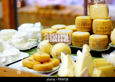 Grand choix de fromages sur le marché fermier typiquement italien Banque D'Images