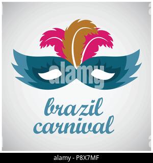 Joyeux Carnaval brésilien 24. Masque de carnaval dans les tons de bleu et de plumes colorées et typographie sur fond gris. Pour la conception web et l'application Illustration de Vecteur