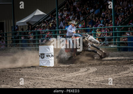 Course de barils dames et excitng les chevaux en mouvement rapide. Virages serrés, pleine vitesse, belles cowgirls. Cranbrook Pro Rodeo Banque D'Images