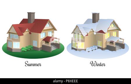 Ensemble de deux maisons en été et hiver Illustration de Vecteur