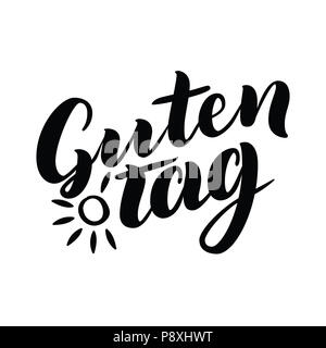 Guten Tag. Mot bonjour, bonne journée en allemand. Calligraphie à la mode. illustration sur fond blanc avec soleil. Lettrage dessiné à la main Banque D'Images