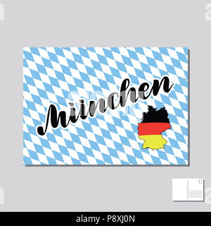 Muenchen. En allemand Munich lettrage dessiné à la main carte postale avec drapeau allemand sur la carte. Illustration de lettrage. Pour modèle allemand traditionnel Oktoberfes Banque D'Images