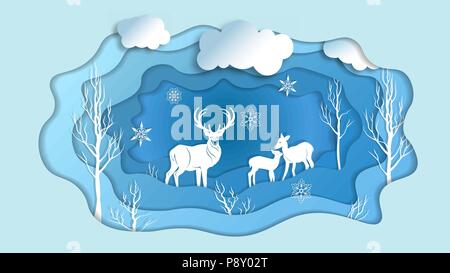 Virginie sur l'hiver dans la forêt couper du papier craft à la mode cartoon style. carte de vœux, couvrir, affiche, bannière. Vector illustration. Illustration de Vecteur