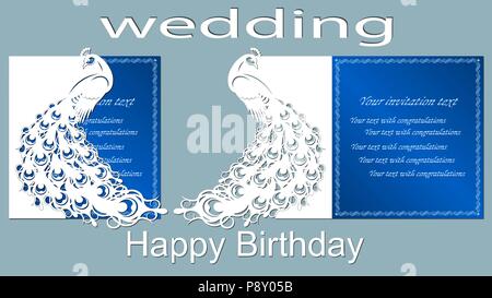 Joyeux anniversaire. Invitation de mariage ou d'une carte de vœux avec paon sur l'arbre. Maquette d'invitation de mariage pour plotter laser ou couper sa modèle. Illustration de Vecteur