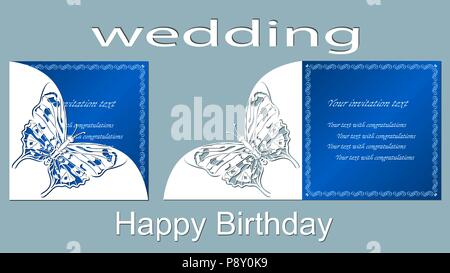 Inscription - mariage, joyeux anniversaire. Invitation et carte de souhaits avec papillon abstrait. Carte Postale d'illustration vectorielle. Message d'invitation et location Illustration de Vecteur