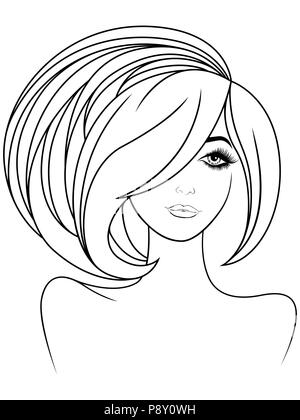 Contour noir de fille charmante avec de luxueux et cheveux yeux expressifs et lèvres sur еру fond blanc, dessin à la main vector Illustration de Vecteur