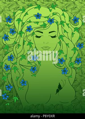 Super fille charmante avec des fleurs dans les cheveux ondulés de luxe avec les yeux fermés sur le délicat fond vert avec gradient, dessin à la main vector Illustration de Vecteur