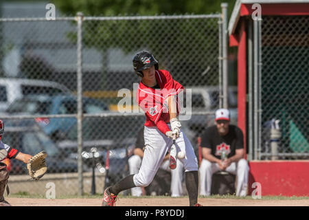 La prestation de Pitcher la hauteur, en pleine course, montrant l'adhérence, les garçons d'après-midi d'un match de baseball junior. Cranbrook, BC. Banque D'Images