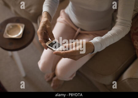 Senior woman contrôle de glycémie à la maison Banque D'Images