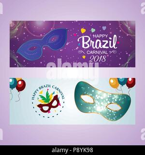 Joyeux Carnaval brésilien 24. Le pourpre et le vert clair des bannières avec creative typographie et des masques. Pour la conception web et l'interface d'application, aussi Illustration de Vecteur