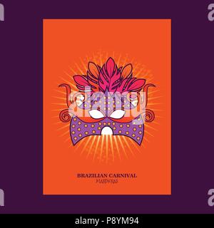 Joyeux Carnaval brésilien 24. Carnval Orange brochure avec briller, et masque coloré sur fond violet. Pour la conception web et l'interface d'application, al Illustration de Vecteur