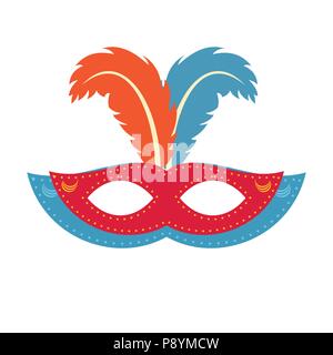 Joyeux Carnaval brésilien 24. Couleur rouge et bleu masque de carnaval avec feathes orange et bleu sur fond blanc. Pour la conception web et l'application interf Illustration de Vecteur