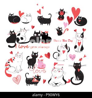 Vector set de chats amoureux sur fond blanc. Modèle pour les cartes d'affaires cartes postales web design. Illustration de Vecteur