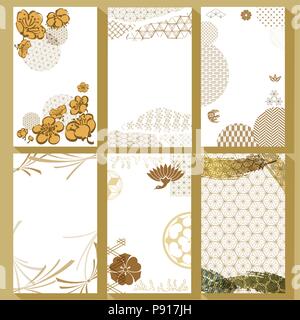 Vecteur modèle japonais. Fleur de cerisier,Japanese crest icônes, éléments de l'onde. Merci, mariage, invitation, anniversaire, carte de félicitations. Illustration de Vecteur