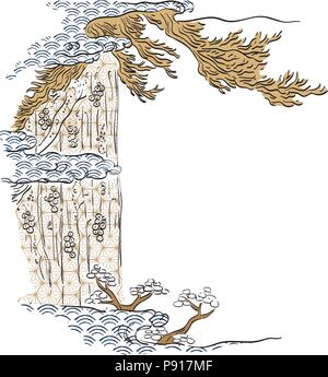 Vecteur modèle chinois. La main de l'onde avec des éléments de l'arbre. Wood texture background. Illustration de Vecteur