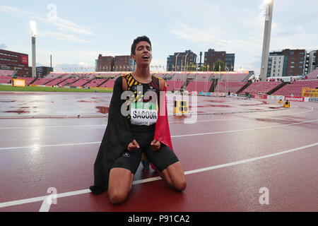 Tampere. Le 13 juillet, 2018. Jonathan Sacoor de Belgique célèbre après avoir remporté le 400 mètres hommes au Championnats du Monde U20 Championships à Tampere en Finlande le 13 juillet 2018. Sacoor a gagné la médaille d'or avec 45,03 secondes. Credit : Matti Matikainen/Xinhua/Alamy Live News Banque D'Images