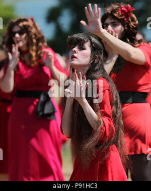 Dublin, Irlande. 14 juillet 2018. Les participants de cette année, l'Hurlevent jour répéter leur danse de Kate Bush's iconic chanson et la vidéo de "Wuthering Heights" au St Anne's Park à Dublin, Irlande. Crédit photo : Laura Hutton/Alamy Live News. Banque D'Images