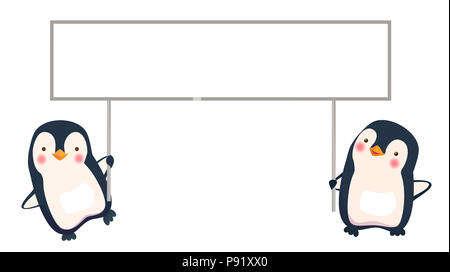 Penguin cartoon illustration. Deux pingouins holding banner Banque D'Images