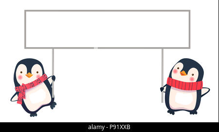 Penguin cartoon illustration. Deux pingouins holding banner Banque D'Images