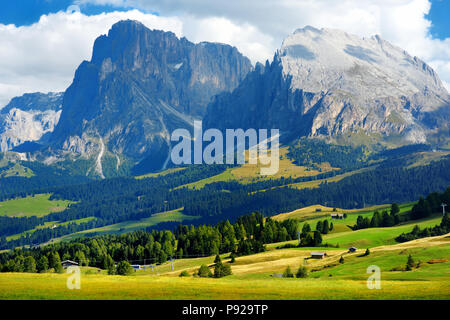 Siusi, la plus grande prairie alpine de haute altitude en Europe, de superbes montagnes rocheuses en arrière-plan. La province du Tyrol du sud de l'Italie, Dolomites. Banque D'Images