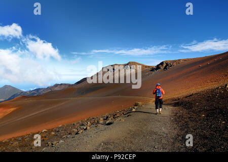 Randonnées touristiques dans la région de Volcan Haleakala Crater sur la piste des sables bitumineux. Belle vue sur le cratère et les cônes de cendres ci-dessous. Maui, Hawaii, États-Unis Banque D'Images