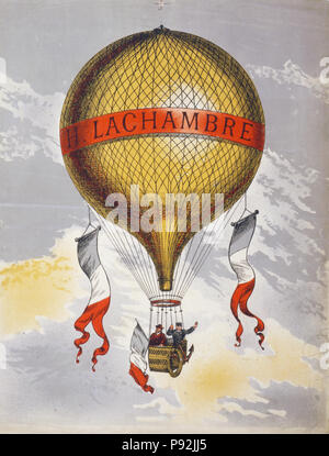 Balloon étiqueté H. Lachambre, avec deux hommes installés dans le panier - Poster possiblement de la publicité un ballon fabriqué par Henri Lachambre ca 1880-1900 Banque D'Images