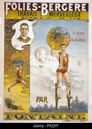 Aux Folies-Bergère travail merveilleux sur le fil de fer par Fontaine -français affiche montre aerialist Fontaine, nommé un des le héros du Niagara dans trois vues d'un petit buste Banque D'Images