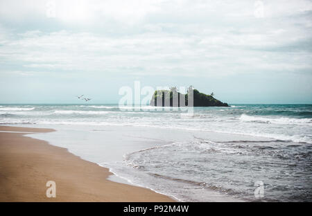 Vue sur la petite île rocheuse au large de la plage de Playa Cocles, près de Puerto Viejo, sur la côte caraïbe du Costa Rica Banque D'Images