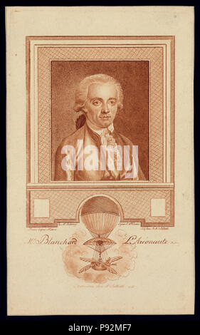 Tête-et-épaules portrait d'aéronaute français Jean-Pierre Blanchard. Inclut l'image de Blanchard's balloon démontrant ses expériences avec la navigation de ballon Banque D'Images