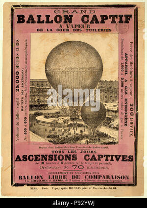 Broadside annonçant l'ascension d'Henri Giffard géant du ballon captif de la cour du jardin des Tuileries, Paris, probablement au cours de l'Exposition de Paris de 1878. Banque D'Images