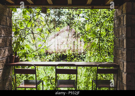 Comptoir Bar et trois chaises avec vue sur le jardin à Bali Banque D'Images