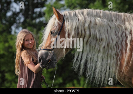 Michurinsk, la Russie, le 24 mai 2018 : enfant fille et cheval Haflinger du Tyrol lors de la répétition générale de l'Exposition agricole Michurin Banque D'Images