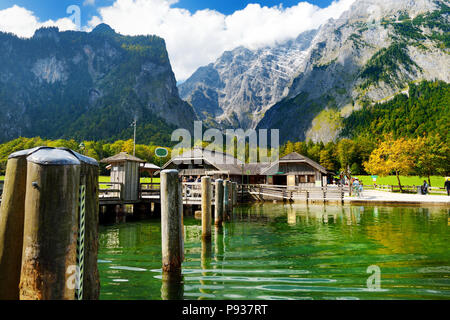 Saint Barthélémy pier sur Konigssee, connu comme le plus profond de l'Allemagne et la plus propre, le lac situé à l'extrême sud-est du Berchtesgadener Land District de Bav Banque D'Images