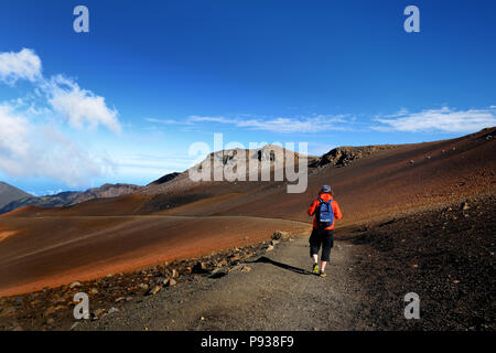 Randonnées touristiques dans la région de Volcan Haleakala Crater sur la piste des sables bitumineux. Belle vue sur le cratère et les cônes de cendres ci-dessous. Maui, Hawaii, États-Unis Banque D'Images