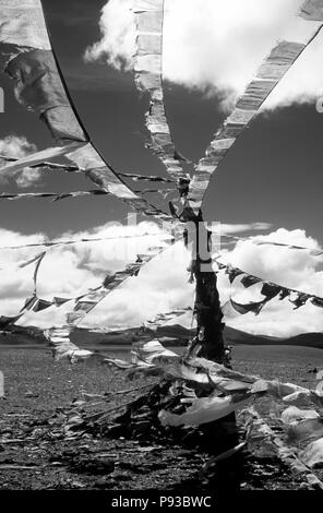 Les drapeaux de prières voler au sommet du LALUNG LA (COL) à plus de 17 000 pieds d'altitude le long de la route de l'AMITIÉ - Tibet Banque D'Images