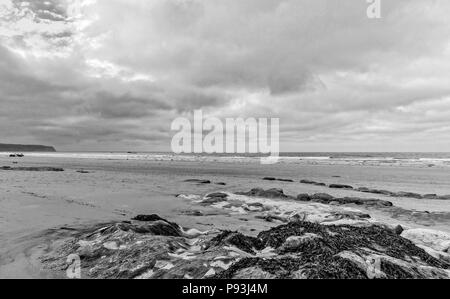 Les nuages se forment sur une spectaculaire plage vide. Un rocher couvert d'algue marine est au premier plan. Banque D'Images