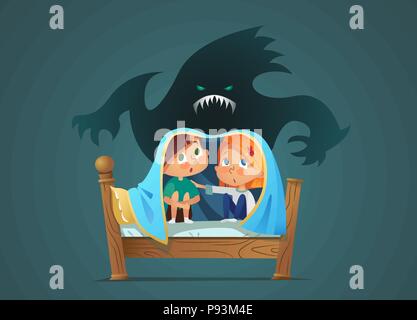 Paire de peur des enfants assis sur le lit et se cacher de peur ghost sous couverture. Les enfants craintifs et monstre imaginaire. Les personnages de dessins animés isolé sur fond blanc. Vector illustration. Illustration de Vecteur