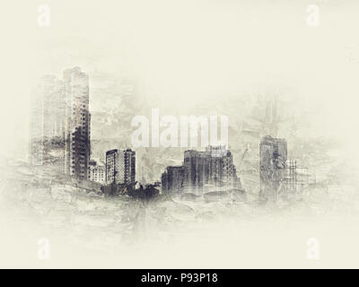 Résumé s'appuyant sur fond de peinture à l'aquarelle. Illustration numérique sur la ville à l'art de la brosse Banque D'Images