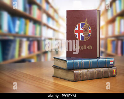 Apprendre l'anglais gratuit. Dictionnaire français-anglais livre ou textbok avec drapeau de Grande-Bretagne et tour de Big Ben sur la Cove dans la bibliothèque. 3d illustration Banque D'Images